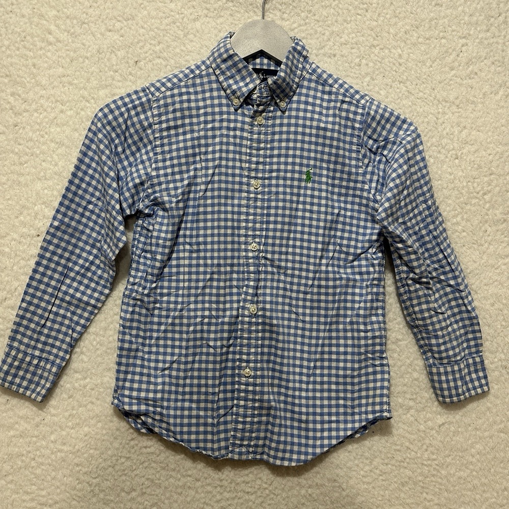 Ralph Lauren Shirt Boys 7 Years Blue Small Gingham Check‎ Button Down Green Pony